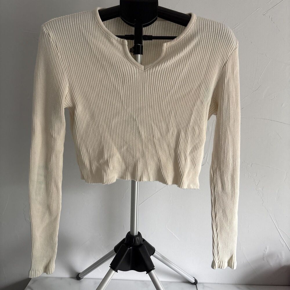 Brandy Melville Long Sleeve Split Neck Ribbed Top Ivory OS
